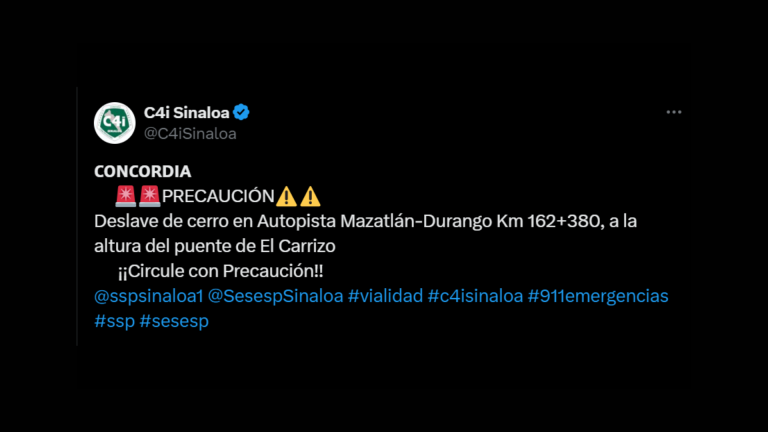 C4i sinaloa y Capufe alertaron sobre el deslave en la Mazatlán-Durango.