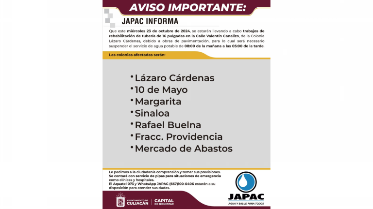 La interrupción en el servicio se debe a los trabajos de rehabilitación de una tubería en la colonia Lázaro Cárdenas.