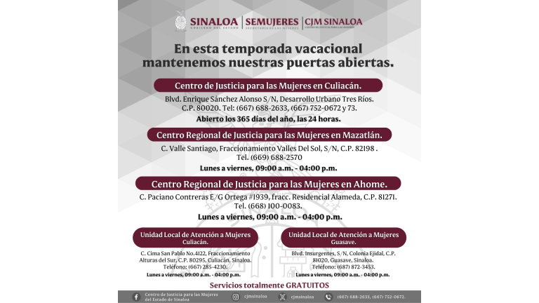 Horarios y ubicaciones de los centros de justicia para las mujeres en Culiacán, Mazatlán, Ahome y Guasave.