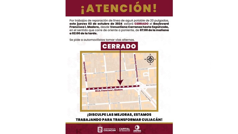 Cerrarán tramo del bulevar Francisco I. Madero por reparación de tubería este jueves, en Culiacán