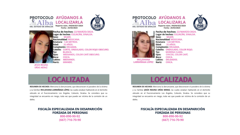 Jesús Regina e Iris Johana fueron liberadas tres meses después de las retenciones masivas en Culiacán.