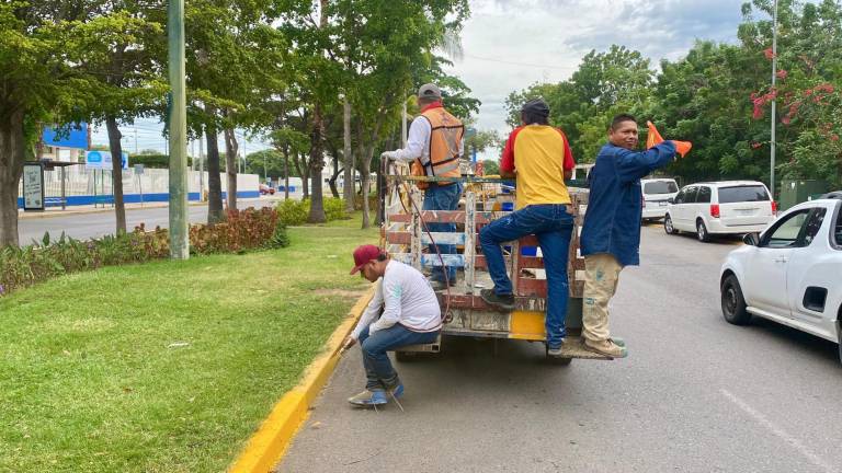 Trabajadores retocan el camellón de la avenida Leonismo Internacional.