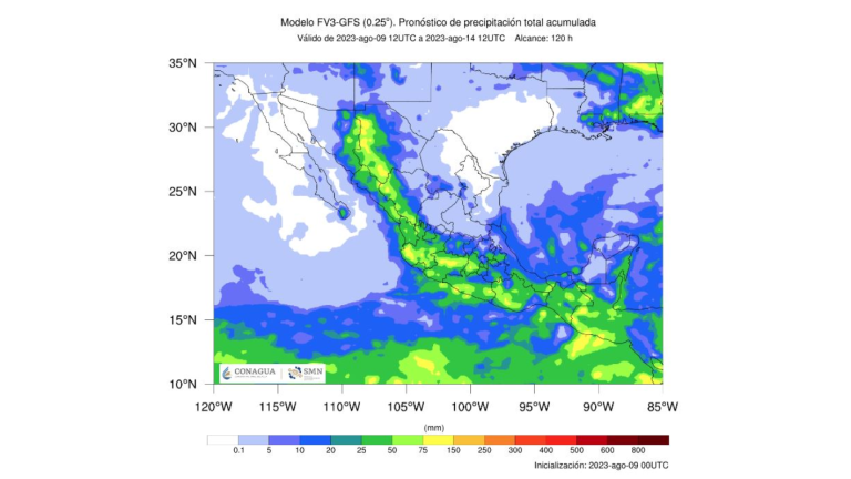 Para Sonora, Chihuahua, Durango y Sinaloa, la Conagua pronostica lluvias muy fuertes con descargas eléctricas, rachas de viento y posibles granizadas.