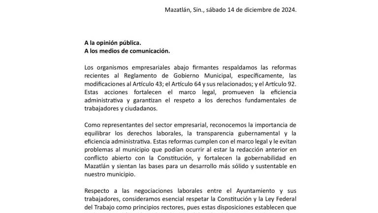 Los organismos empresariales decidieron cambiar su postura y respaldar la derogación de reformas al Reglamento de Gobierno Municipal.