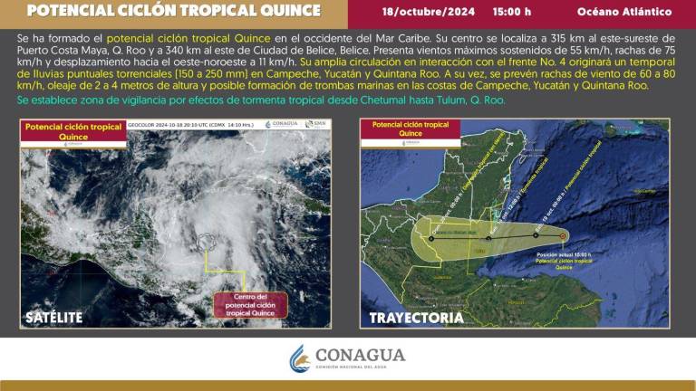 Se forma potencial ciclón tropical Quince; se prevén lluvias en Campeche, Yucatán y Quintana Roo