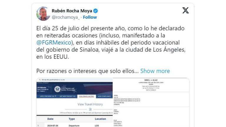 El Gobernador expuso en sus redes sociales una bitácora que respalda su versión que estuvo fuera de México el día que fue detenido El Mayo.