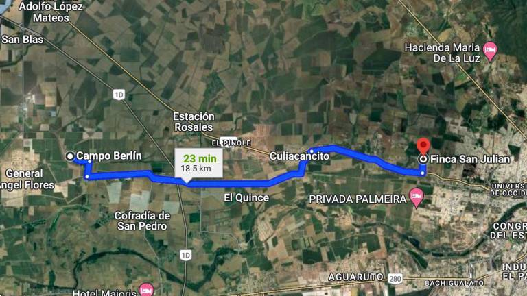 Ruta que se siguió de la finca en la que se reunieron “El Mayo” Zambada y Joaquín Guzmán López hacia una pista aérea en Culiacán.