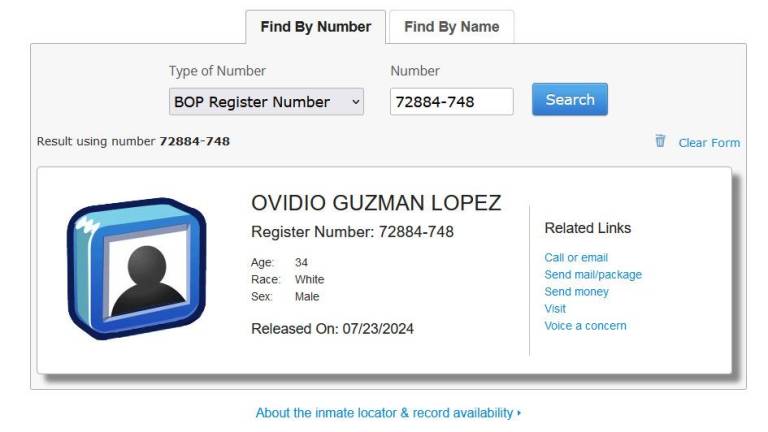 Información sobre la situación del sistema de prisiones de Estados Unidos sobre Ovidio Guzmán López.