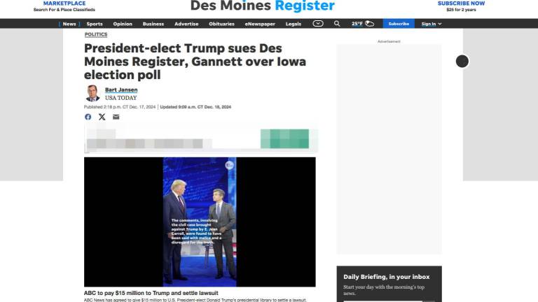 El diario Des Moines Register y su empresa matriz Gannett enfrentan una demanda de Donald Trumpo por presunto fraude al consumidor.