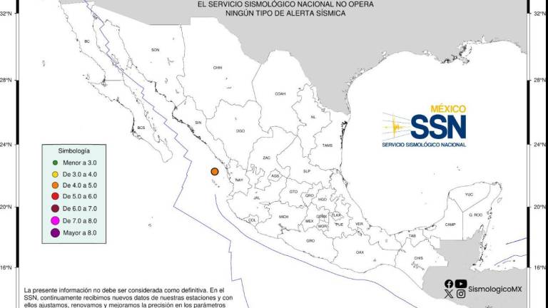 Registro del sismo de magnitud 4.4. a 169 kilómetros al suroeste de Mazatlán, la mañana de este jueves.