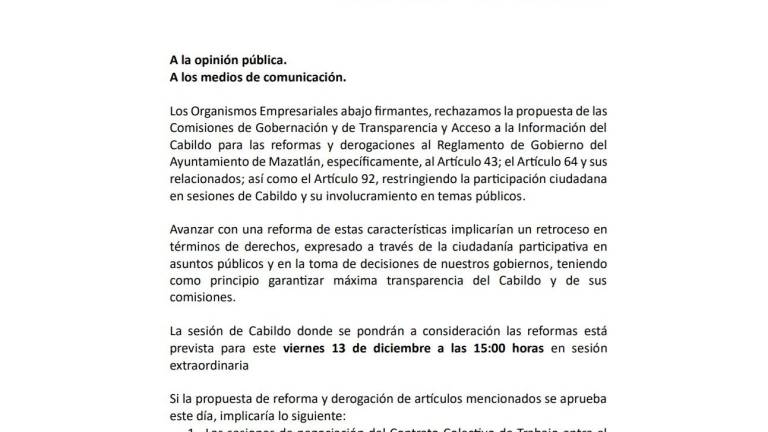 En el comunicado los organismos empresariales rechazan la propuesta de Cabildo.