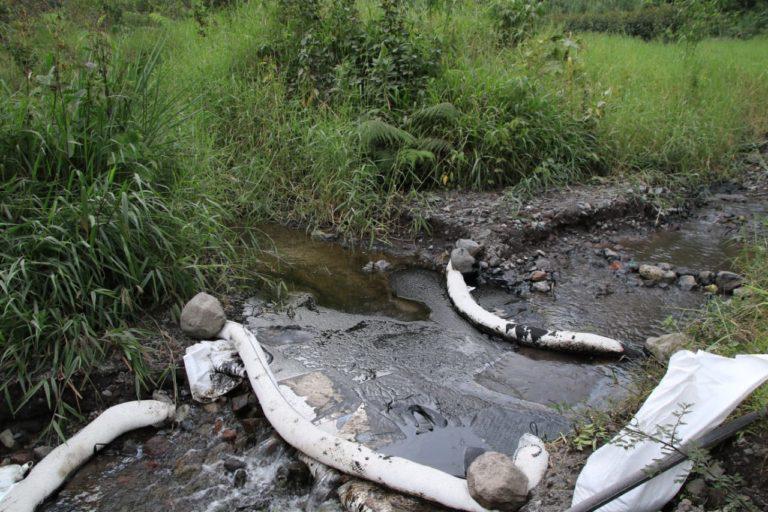 $!En los riachuelos de la ladera, trabajadores de Petroecuador colocaron estos materiales absorbentes a los que llaman ‘salchichas’, para retener el petróleo y luego de escurrirlos reusarlos en los mismos sitios.