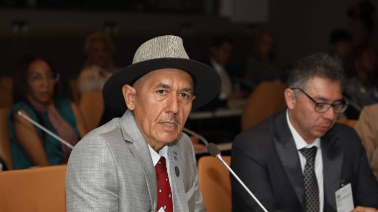 El muralista sinaloense Ernesto Ríos durante una de su conferencias en la ONU.