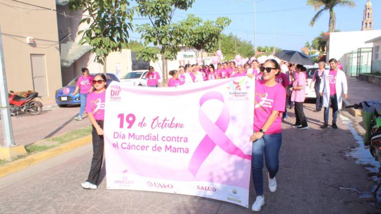 Los participantes de la marcha usaron playeras rosas, un moño grande símbolo de la lucha y portaron pancartas.