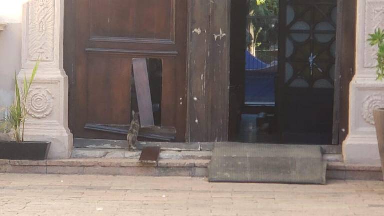 Puerta dañada de la Catedral de Culiacán por donde entraron ladrones, ocasionaron desmanes y se llevaron 12 mil pesos en efectivo.