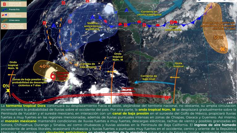 La depresión tropical Cinco-E se intensificó a la tormenta tropical Dora este martes.