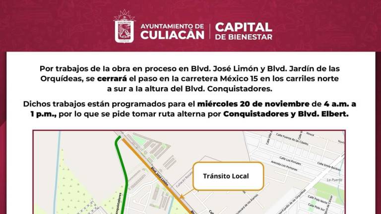 El cierre permanecerá este miércoles 20 de noviembre en horario de 04:00 a 13:00 horas.