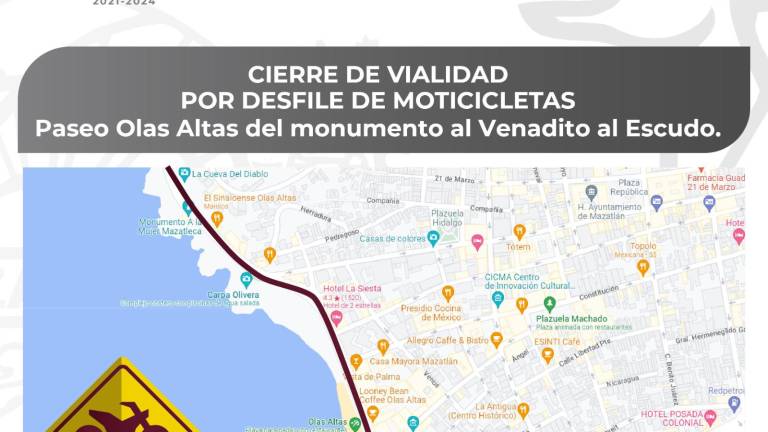 La Avenida del Mar, Paseo Claussen y Olas Altas, desde el Escudo de Sinaloa hasta el Valentinos, serán cerradas a la circulación a partir de las 12:00 horas