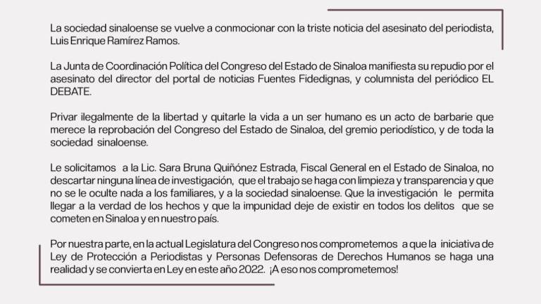 Congreso de Sinaloa solicita a Fiscal agotar todas las líneas de investigación en homicidio de Luis Enrique Ramírez