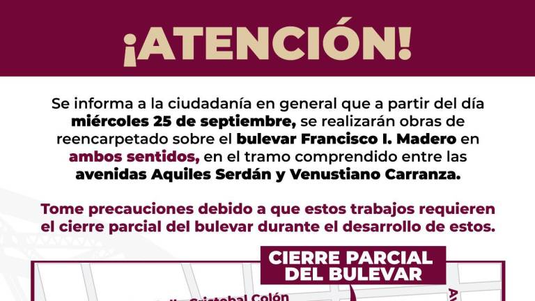 Cerrarán desde este miércoles un tramo del bulevar Francisco I. Madero, en Culiacán, por obras