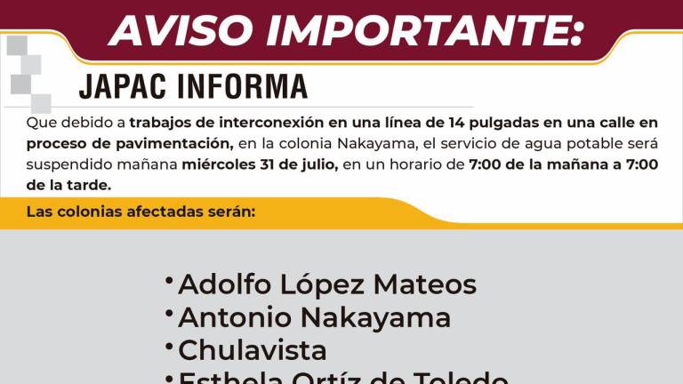 Suspenderá Japac servicio de agua potable en Culiacán por trabajos de pavimentación