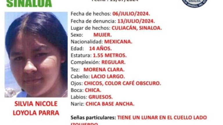 Silvia Nicole fue vista por última vez el sábado 6 de julio cuando salió de su domicilio ubicado en Juntas del Humaya en Culiacán.