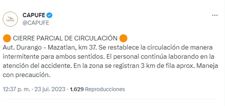 Capufe informa en su cuenta de Twitter de la situación en la Durango-Mazatlán por el incendio de una camioneta.