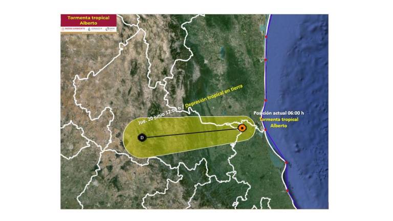 Trayectoria de la tormenta tropical Alberto en el este de México.