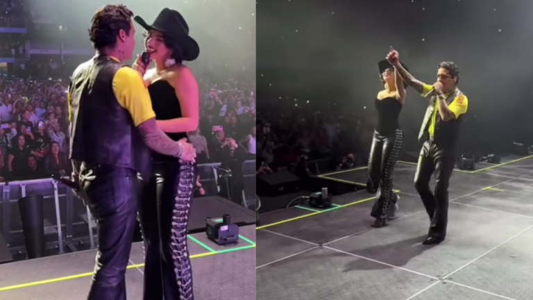 Christian Nodal y Ángela Aguilar cantan juntos en Colombia.