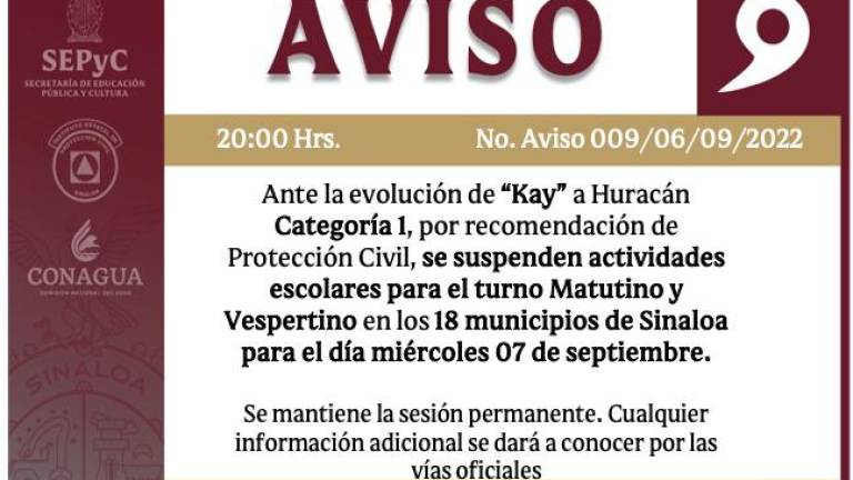 Suspenden clases este miércoles en todo Sinaloa por huracán Kay