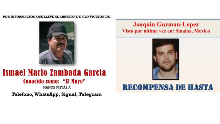 Anuncios de recompensa para detener a Ismael Zambada García y Joaquín Guzmán López.