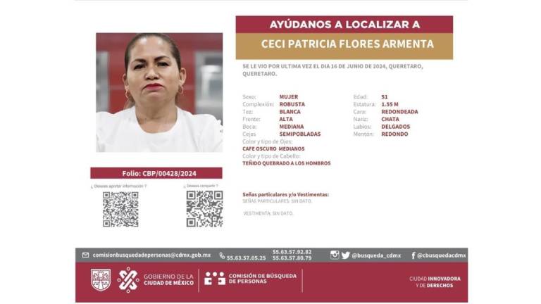 Ficha de localización emitida en la Ciudad de México sobre la activista Ceci Flores.