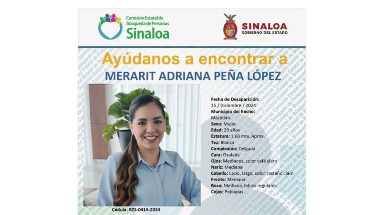 Familiares buscan a Merarit Adriana Peña López, desaparecida en Mazatlán el 15 de diciembre