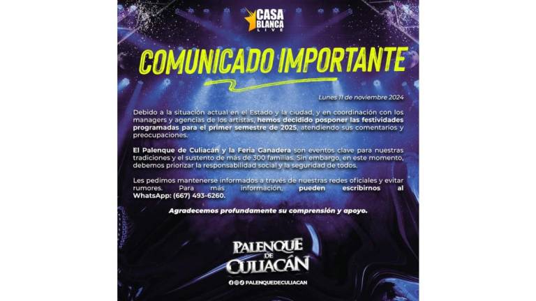 También el Palenque de Culiacán se pospone por la violencia