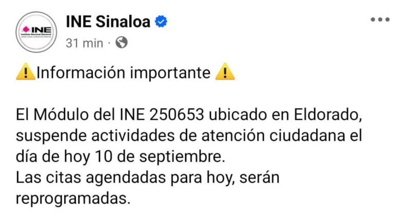 Módulo del INE en Eldorado no operará tampoco este martes