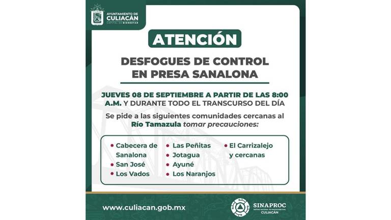 Alerta sobre posibles afectaciones por el desfogue de la Presa Sanalona en Culiacán.