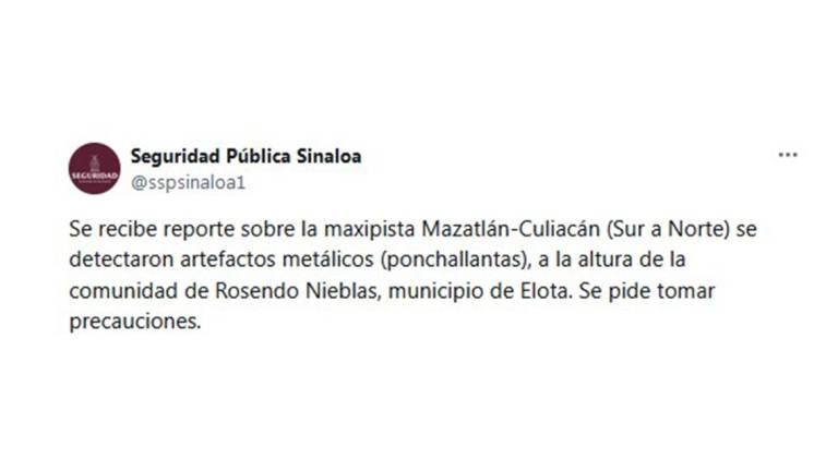 Aviso de ponchallantas sobre la autopista Mazatlán-Durango.