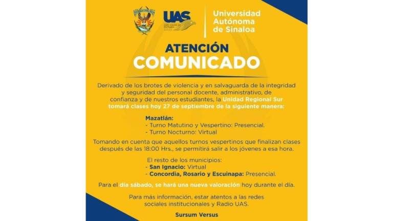 Decreta UAS clases virtuales para turno nocturno en Mazatlán y todo San Ignacio