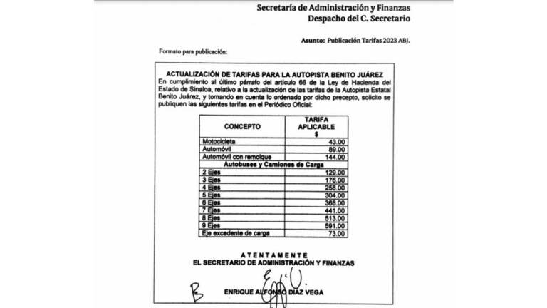 Información sobre la actualización de las tarifas de peaje en la autopista “La Costerita”.