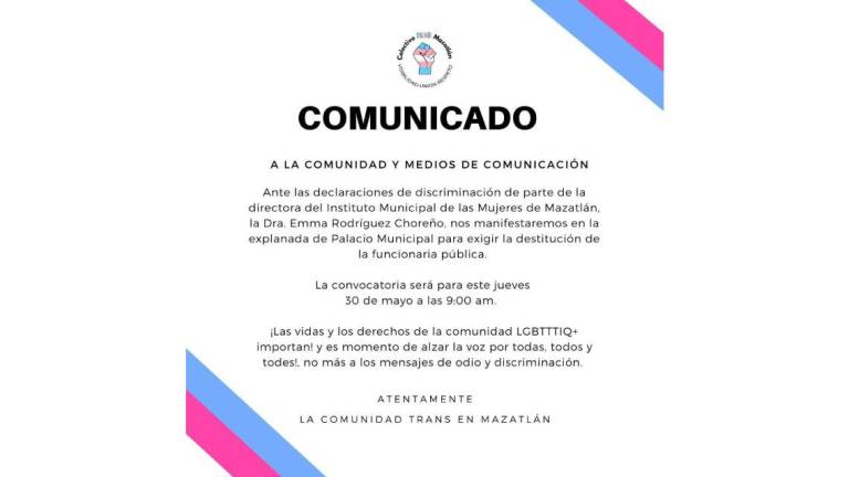 La comunidad trans realizará una manifestación para exigir la destitución de la titular del Immujer.