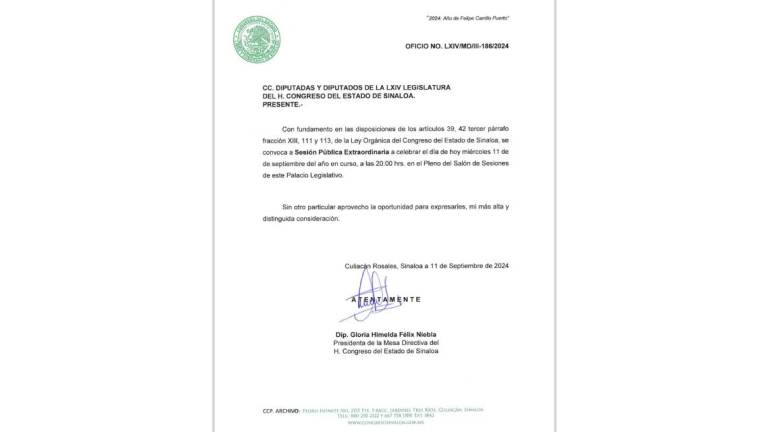 Convocatoria del Congreso de Sinaloa a una sesión extraordinaria.