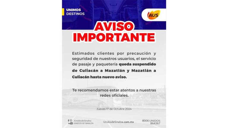 Anuncian líneas de transporte suspensión de viajes entre Culiacán y Mazatlán