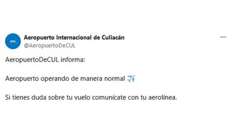 Aviso de operaciones en el aeropuerto de Culiacán.