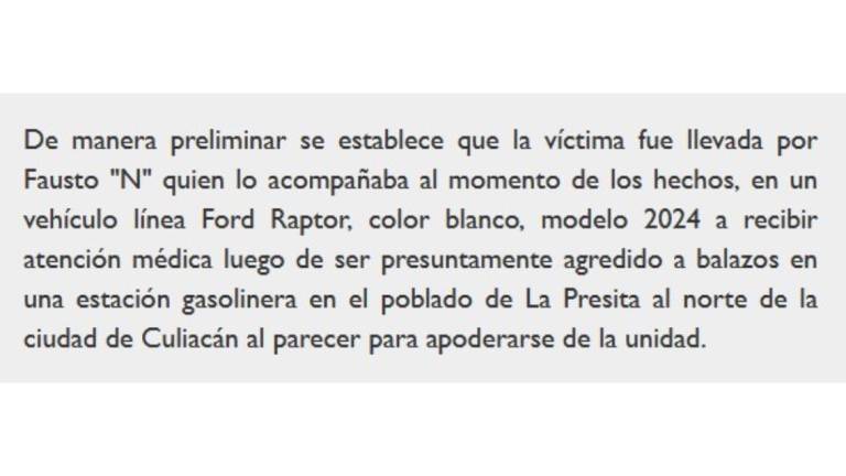 Reporte de la Fiscalía de Sinaloa sobre la agresión a Héctor Melesio Cuén Ojeda que le provocó la muerte.