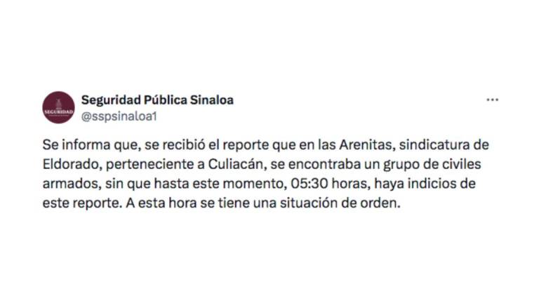 La Secretaría de Seguridad Pública en Sinaloa informó sobre el reporte de hombres armados en Las Arenitas.