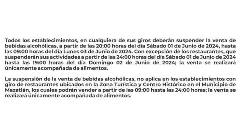 Aviso de la suspensión de bebidas alcohólicas desde el sábado por la noche debido a la jornada electoral del 2 de junio.