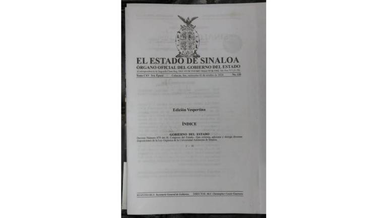 El Estado de Sinaloa, el órgano oficial en el que se publica el decreto de la reforma a la Ley Orgánica de la UAS.