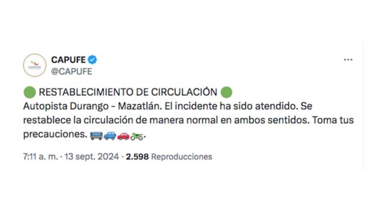 Restablecen circulación en ambos sentidos por la Mazatlán-Durango