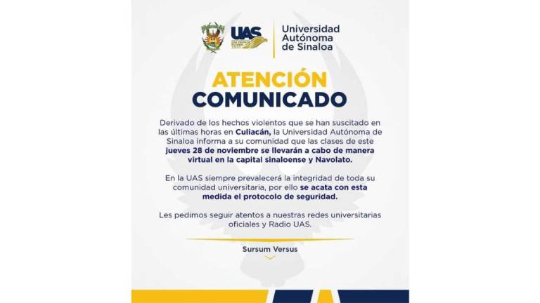 Aviso de la UAS sobre las clases virtuales para este jueves en Culiacán y Navolato.