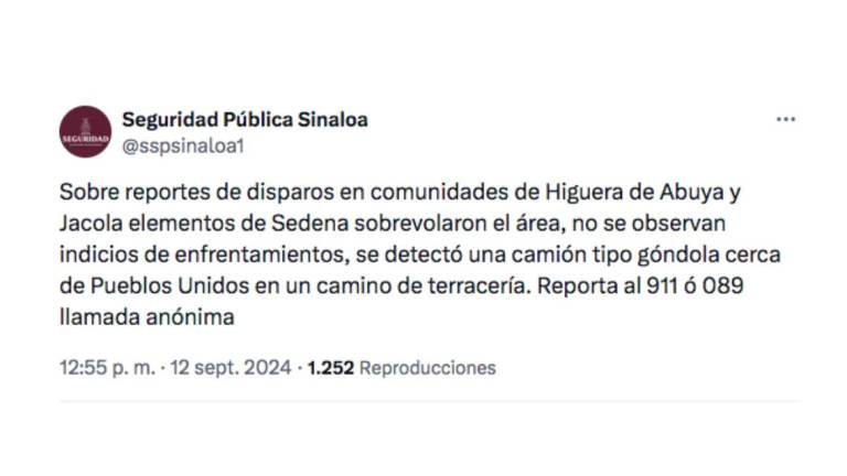 Aviso de la Secretaría de Seguridad Pública sobre presunto enfrentamiento en Higuera de Abuya, al sur de Culiacán.